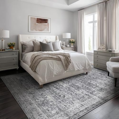 Vintage Grey 8x10 Area Rugs for Living Room, Retro Gray Neutral Rug for Bedroom Dining Room, Low Pile Thin Washable Non Slip Room Rug for Home Office Family Room - Image 3