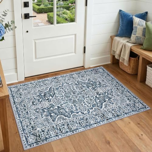 KUTA 3x4 Entryway Rug Vintage Floral Washable Area Rugs Blue White by KUTA