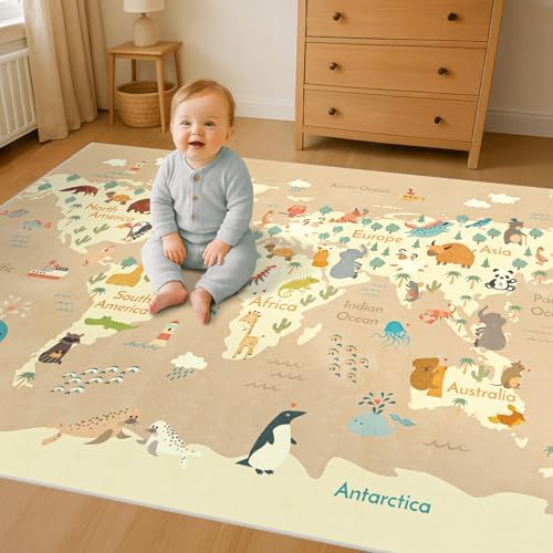 Kids Bedroom Rug with World Map & Animals – 4x6 Educational Washable Area Rug for Playroom, Cute Global Animal, Featuring Continents & Native Wildlife Carpet for Dorm or Classroom - Soft Beige - Image 6