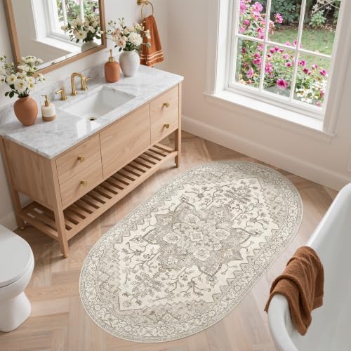 Madane Oval Rug 3x5 for Entryway Kitchen, Small Oval Area Rugs, Beige/Brown - Image 4