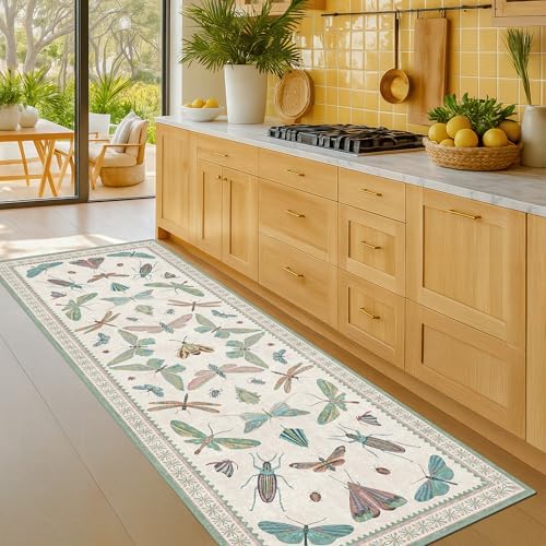 Hazo Haus Washable Non Slip Bathroom Runner Rug 2x5, Insect Boho Bath Mat, Stain Resistant Low Pile Butterfly Insect Print Rugs for Laundry Room, Powder Room, Beige Green - Image 6