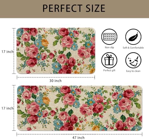 Red Pink Floral Kitchen Mats for Floor 2 Piece Home Decor, Country Spring Flower Kitchen Rugs Sets of 2 Non Slip Washable - Image 3