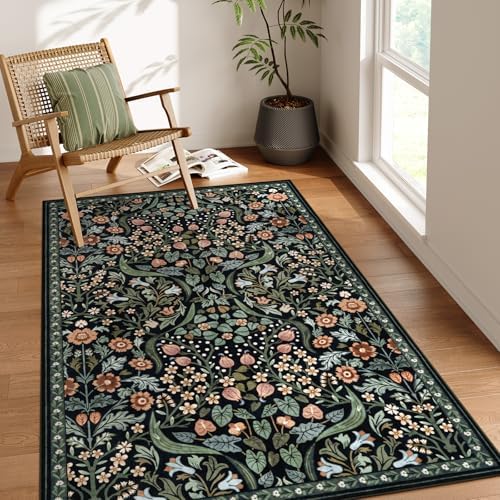 Moynesa Vintage Floral 4x6 Rug, Black Washable Rugs for Living Room by Moynesa