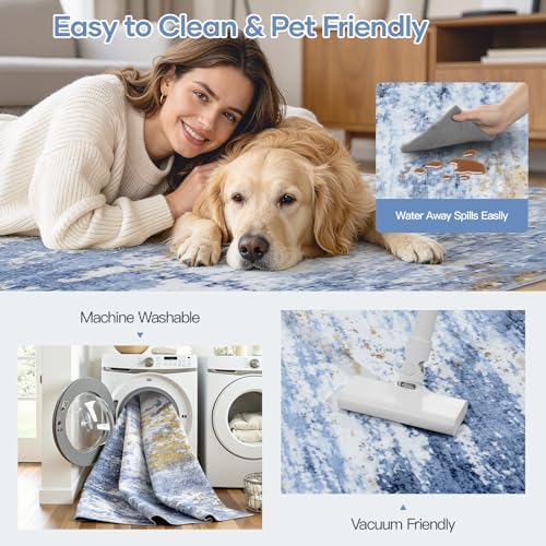 9x12 Area Rug for Living Room, Abstract Washable Large Rugs, Light Blue - Image 4