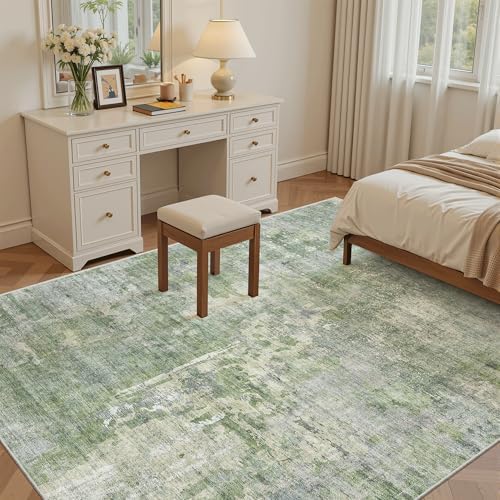 Soalmost Abstract Rug 5x7 Washable Area Rugs for Living Room, Green/Ivory - Image 3
