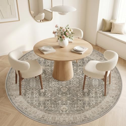 Round Area Rug Living Room: 8ft Neutral Washable Carpet Warm Taupe - Image 2