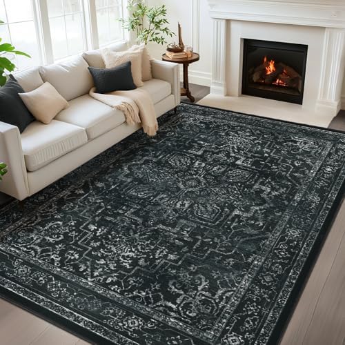 Black Vintage Distressed 8x10 Area Rugs for Living Room, Washable Non Slip Bedroom Rugs Under Bed Faux Wool Soft, Dark Medallion Pinted Thin Carpet for Dining Room Home Office by Jainmy