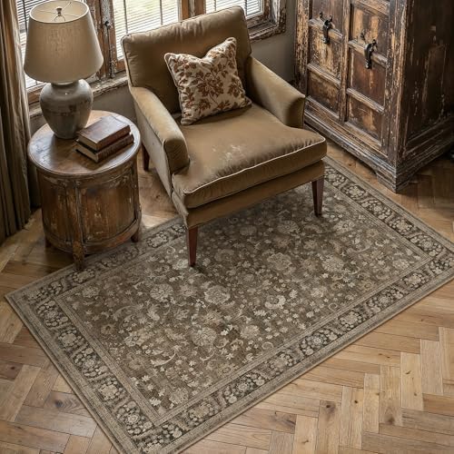 PureCozy Brown Small Area Rug 3x5 Vintage Floral Distressed by PureCozy