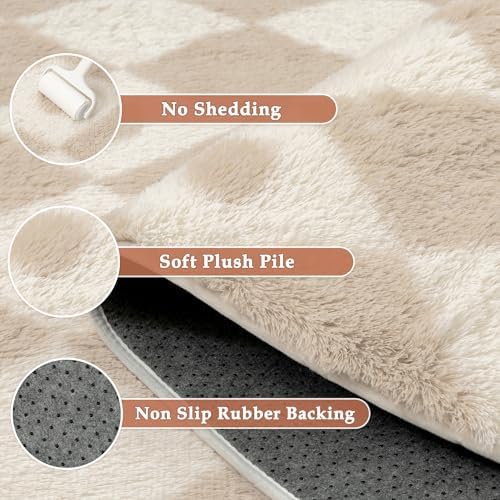 PureCozy Beige 4x6 Area Rug for Kids Room Soft Fluffy Checkered Shag Carpet - Image 6