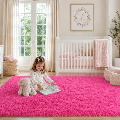 Hot Pink Fluffy Area Rug 5x8 Ft, Washable for Living Room by OHWPEAT