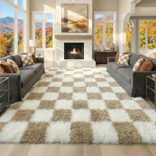 KICMOR Rugs for Living Room 7x10 Area Rug, Beige and Cream White Large Fluffy Shag Shaggy Fuzzy Checkered Bedroom Big Carpet, Soft Plush Rug for Kids Boys Girls Dorm Nursery Home Decor Aesthetic by KICMOR