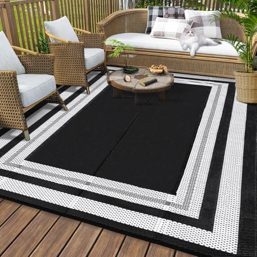 GAOMON Waterproof Plastic Straw Rug 9x12 Outdoor Rug for Patios Modern Bordered Lightweight Carpet Reversible Mat for Backyard Pool Deck Picnic Patio Porch RV Beach Trailer Camping Border-Black/White by GaoMon