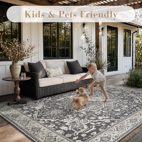 AMOAMI-Outdoor Rug-Patio Rug 8x10 ft Quick Dry Flatweave Textured Machine Washable Outdoor Carpet with Rubber Backing Vintage Outdoor Area Rug for Patio Deck Front Porch Balcony Greyish Black - Image 3