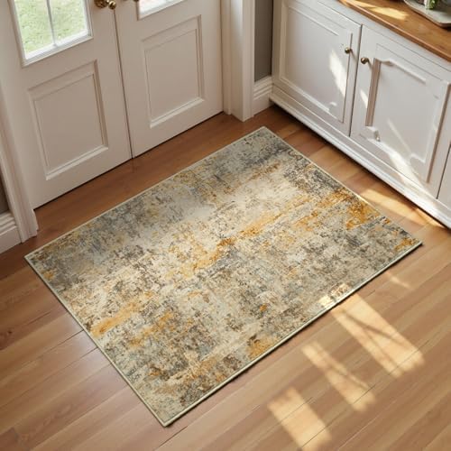 Entrance Rugs Indoor 2x3 Beige Entry Rug Washable Abstract Small Area Rug Non-Slip Low Pile Light Tan Throw Rugs for Entryway, Kitchen Floor, Front Door Indoor Door Mat, Bedroom Bedside by OmpaaHomeDecor