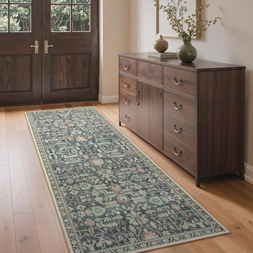 Bavni 2x5 Kitchen Runner Rug, Washable Non Slip, Green/Blue - Image 2