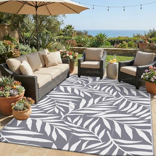 Smiry Outdoor Rug 5x8 ft Waterproof Reversible Leaf Mat, Grey & White by Smiry