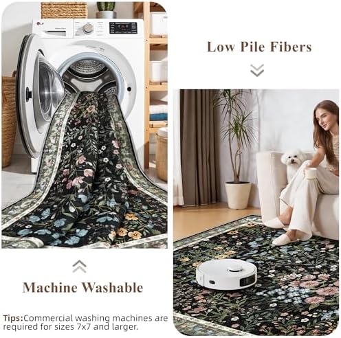 Washable Long Runner Rug 3x12: Vintage Botanical Runner for Large Hallway Office Gallery - Machine Washable Non Slip Low Pile Carpet - Soft Foldable Rug for Busy Indoor Spaces - 3'x12' Black - Image 6