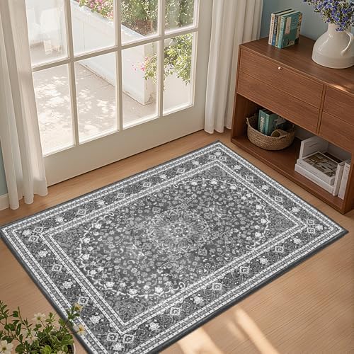 Lessymo 2 x 3 Entryway Rug, Machine Washable Boho Indoor Mat, Grey White by Lessymo