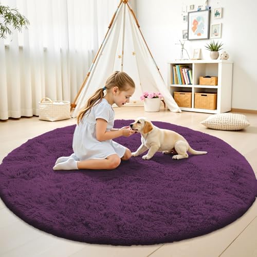 OLANLY Dark Purple Round Rugs for Bedroom - Machine Washable, 8 ft Circle Area Rugs for Living Room, Soft and Fluffy Shaggy Carpet for Teen Girl and Boys, Nursery Rooms, Dorms, Home Decor Aesthetic - Image 2