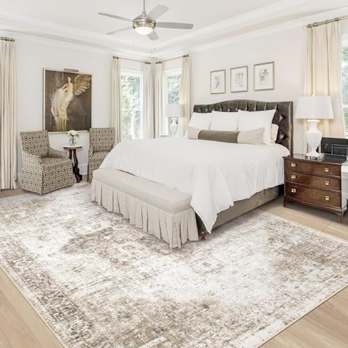 Area Rug 9x12 Washable Rug, Vintage Boho Medallion Rugs Non-Slip Soft Low Pile Large Distressed Rug Indoor Retro Carpet for Living Room Bedroom Dining Room Home Office (Taupe, 9'x12') - Image 2