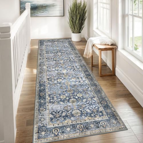 KUTA Vintage Wide Washable Runners for Hallways 3x8 ft Blue Grey Beige - Image 3