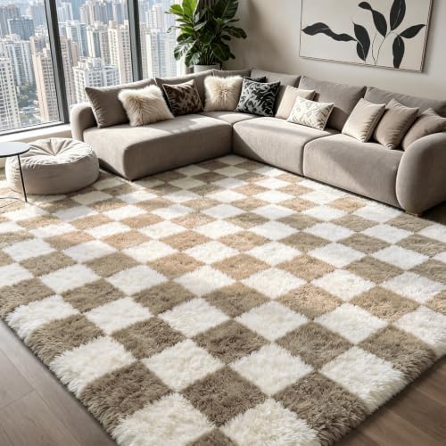 Checkered Area Rugs for Living Room 8x10, Fluffy Beige and White Checkered Rug Fuzzy Shag Shaggy Carpets for Bedroom, Soft Plush Furry Rug for Teen Room Dorm Home Decor by Boshengya