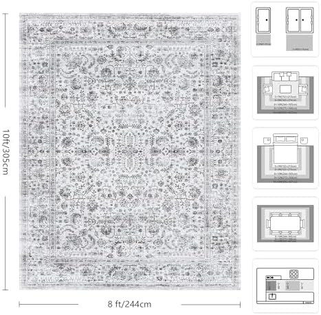 8x10 Area Rugs for Living Room, Washable Vintage Retro Floral Rug, Low Pile Non Slip Distressed Large Carpet for Bedroom, Dining Room, Office, Home (Vintage Black) - Image 2