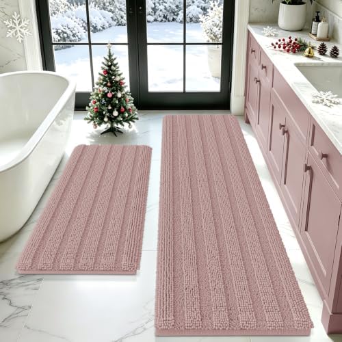 ACCUMTEK Striped Dusty Pink Bathroom Rug Mat Set 2 piece 32"x20"+60"x20" Ultra Soft, Non Slip Chenille Bath Rugs, Absorbent Plush Shaggy Bath Mats for Bathroom, Bedroom, Kitchen, Shower, Tub by ACCUMTEK