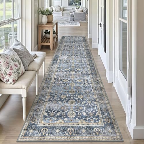KUTA Vintage Washable Runner Rug 2.6x10 Blue Grey Beige Hallway Runner - Image 3