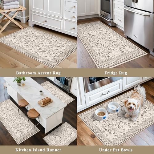 3-Piece Kitchen Rugs Set for Floor, Washable Non-Slip Farmhouse Kitchen Mats for Hardwood Floor, Rustic Floral Boho Runner Rug for Sink,Entryway & Hallway & Bathroom (Beige/Brown/Floral,2x3-2x4-2x5) - Image 5