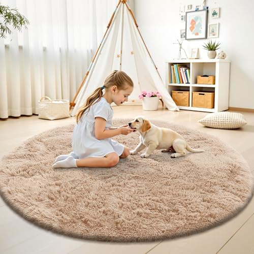 OLANLY Beige Round Rugs for Bedroom - Machine Washable, 5 ft Circle Area Rugs for Living Room, Soft and Fluffy Shaggy Carpet for Teen Girls and Boys, Nursery Rooms, Dorms, Home Decor Aesthetic - Image 3