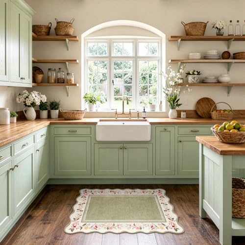 Lahome Floral 2x3 Rug, Green Kitchen Rugs Washable Scalloped Bathroom Rug - Image 2