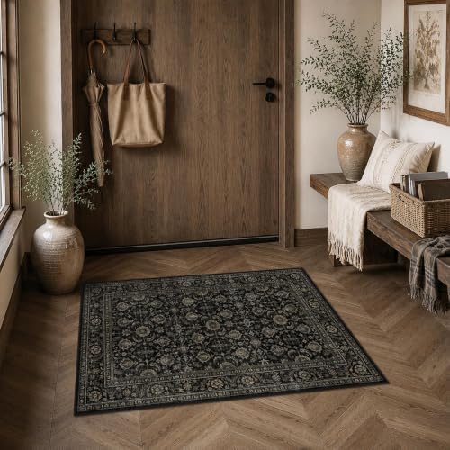 JOOJA 2x3 Black Gold Vintage Low Pile Non Slip Washable Boho Entryway Rug by JOOJA