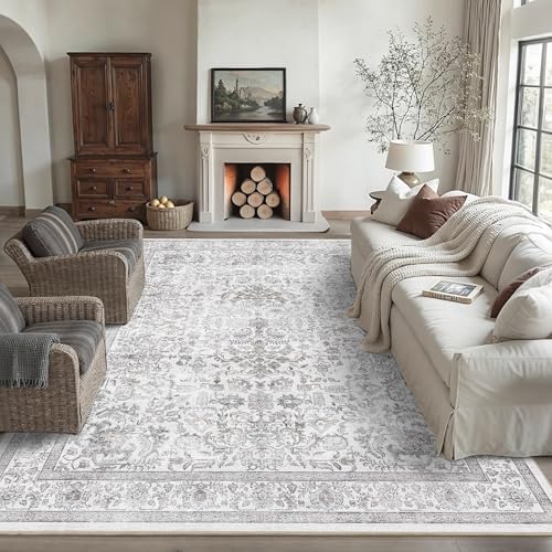 9x12 Washable Living Room Area Rug Non-Slip Vintage Gray Large Carpet - Image 5