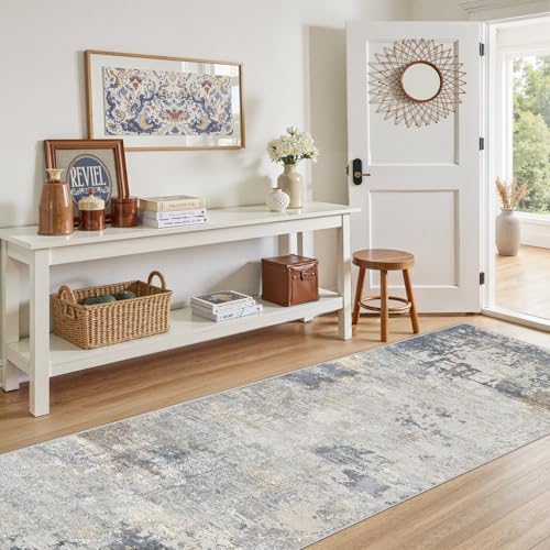 UERMEI 3x8 Washable Runner Rug for Hallway, Non Slip Low Pile Kitchen Carpet, Neutral Modern Abstract Indoor Floor Mat for Entryway Laundry, Kid & Pet Safe High Traffic Area, Blue Grey - Image 4