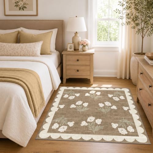 Tan Square Rug 4ft - Soft Washable Boho Farmhouse Square Entryway Rug Non Slip 4x4 Stain Resistant Cottage Floral Scalloped Throw Rugs for Living Room Bedroom Dining Room Bathroom Nursery - Image 4