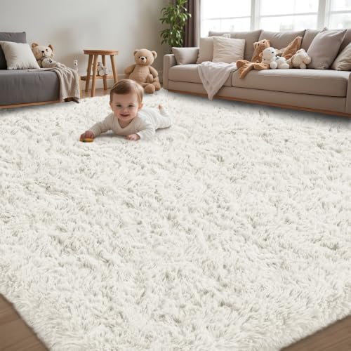 9x12 Area Rug for Living Room,White Fluffy Shag Non-Slip Bedroom Rugs by Unknown