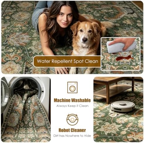 RUGSURE Washable Area Rugs - Perfect for Living Room, Bedroom, Kids Room, Nursery - Stain & Water Resistant Non-Slip, Pet & Child Friendly, Vintage Tribal Area Rugs (Green, 4' x 6') - Image 7