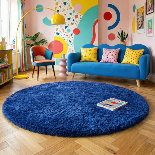 Amdrebio Navy Blue Large Fluffy Round Rug 7Ft for Living Room Boys Bedroom by Amdrebio