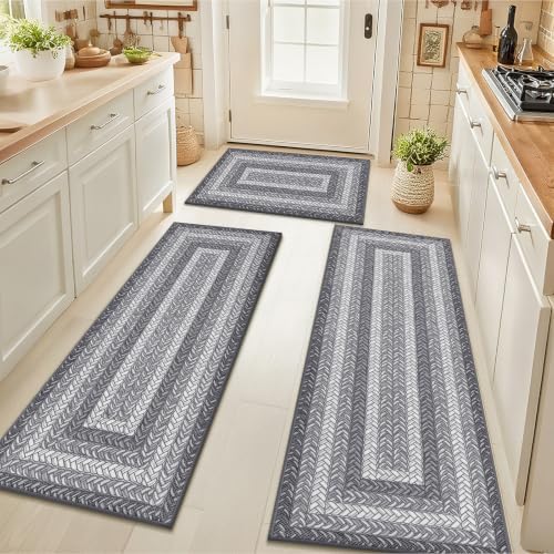 HEBE Faux Jute Kitchen Rugs Set of 3, Washable Kitchen Mats for Floor by HEBE