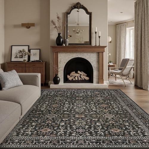 DCX Black 8x10 Rug, Kid & Pet Friendly with Rubber Back Non Slip, Machine Washable Stain Resistant Vintage Traditional Distressed Carpet, Rug for Living Room, Bedroom, Home Decor by DCXWashableRug