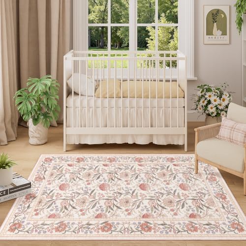DUKINO 3x5 Rug Washable Vintage Floral Bedroom Area Rug Non Slip Beige Pink - Image 3