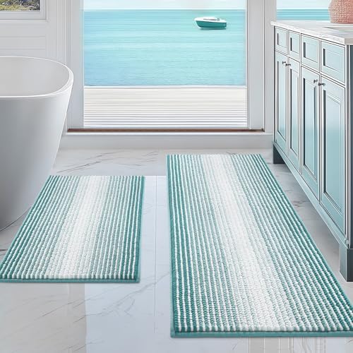 BSICPRO Bathroom Rugs Sets 2 Piece, Non Slip Striped Bath Mats, Aqua Green by BSICPRO