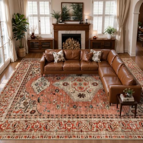 Tangsoo Boho 10x14 Area Rug for Living Room, Washable Vintage Rug Indoor Non Slip Large Area Rugs, Print Oriental Carpet Soft Low Pile Foldable Floor Room Rug for Bedroom Dining Room Terracotta by Tangsoo