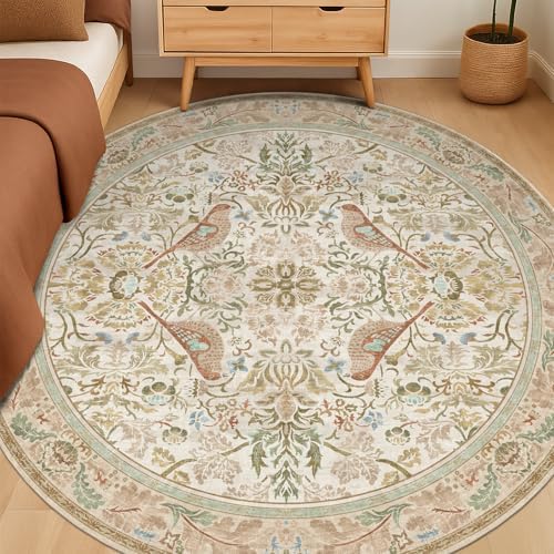 Hazo Haus Beige 6ft Round Rug for Living Room - Floral Circle Area Rug for Bedroom Kids Room, Home Office, Washable Low Pile Non Slip, Vintage Beige Taupe Botanical & Bird Pattern, Boho Indoor Décor - Image 3