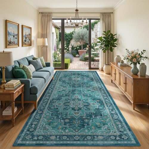 Washable Hallway Wide Runner Rug 4'x8', Vintage Medallion, Boho Teal - Image 3
