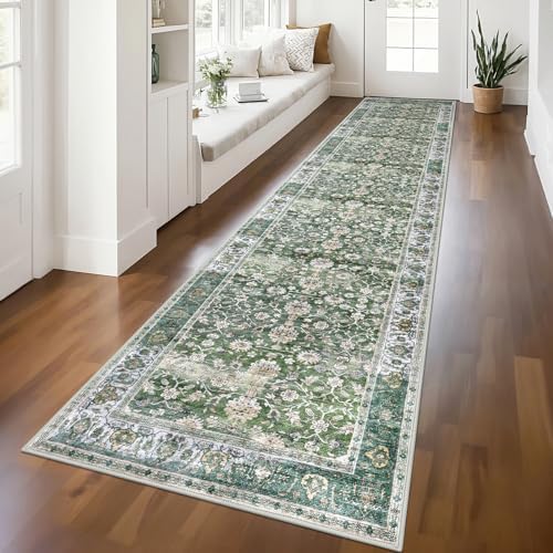 KUTA Vintage Long Runners for Hallways 2.6x12 Green Washable Kitchen Rug by KUTA