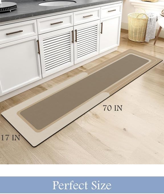MontVoo-Bath Mat Rug Long Non Slip Super Absorbent Bathroom Runner Stain Resistant Quick Dry Thin Bathroom Mat Fit Under Door-17"x70",Beige - Image 2