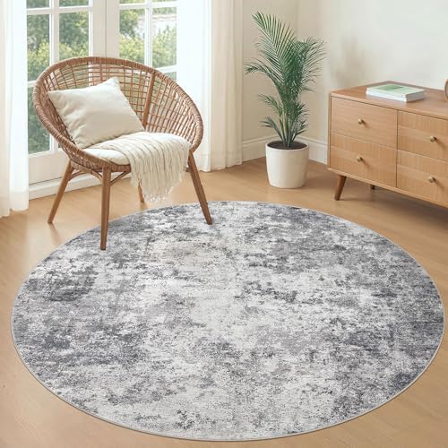 UERMEI 5ft Round Area Rug Living Room Rugs - 5x5 Washable Neutral Modern Abstract Soft Thin Rug Indoor Floor No Slip Rug Carpet for Bedroom Under Dining Table Home Office Decor - Grey - Image 4