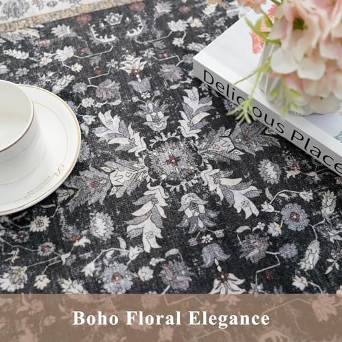 4x6 Kitchen Rug Non-Slip Washable – Boho Vintage Low-Pile Soft Area Carpet for Entryway, Bedroom, Living Room – Stain-Resistant Thin Indoor Rug for Families and Pet Owners (Black, 4x6) - Image 6